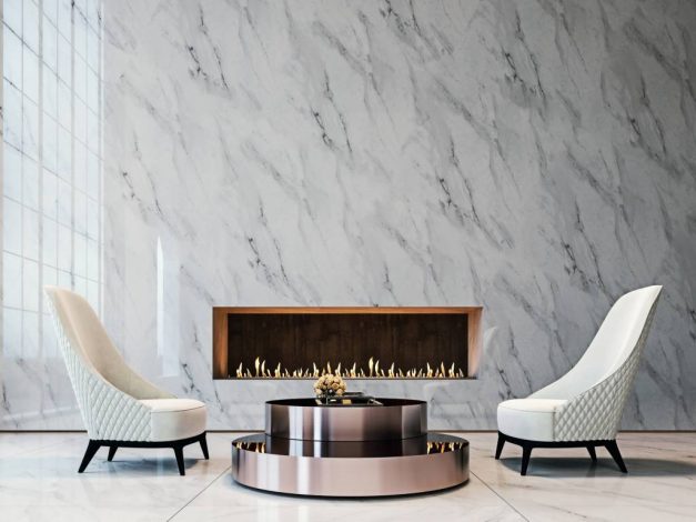 Salon luxueux, murs et sol en marbre blanc