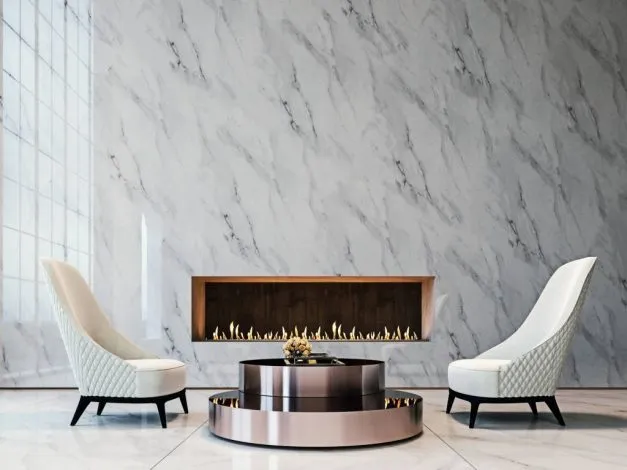 Salon luxueux, murs et sol en marbre blanc