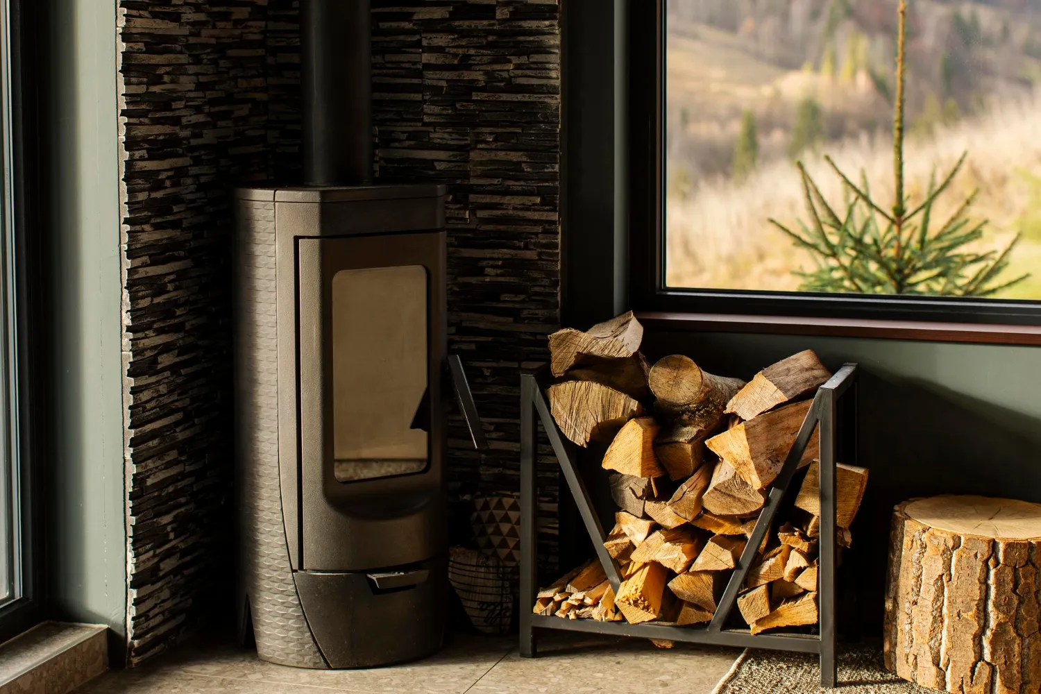 Poêle moderne près d'un tas de bois de chauffage à côté d'une grande fenêtre avec vue sur un paysage de montagnes, montrant une ambiance douillette