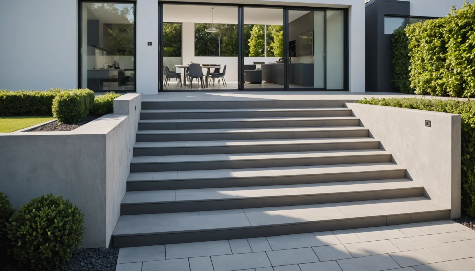 terrasse avec escaliers vers la maison