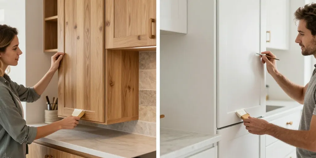 cuisine en chêne repeinte avant après