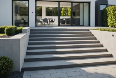 terrasse avec escaliers vers la maison