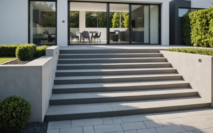 terrasse avec escaliers vers la maison